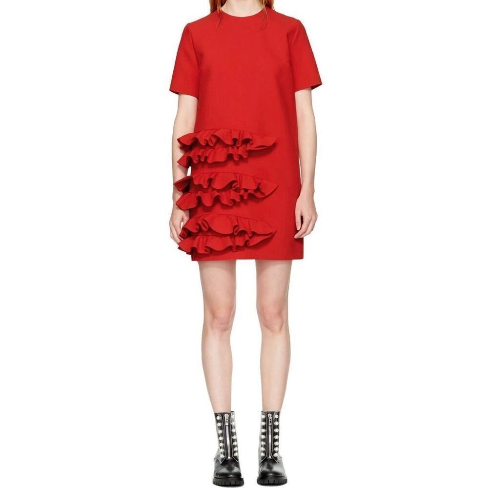 NWOT MSGM Red Short Sleeve Ruffle Detail Structured Dress Women's Size 42 8US